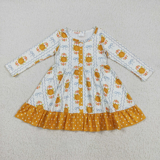GLD1111 Pumpkin Flowers Bows Print Girls Fall Knee Length Dress