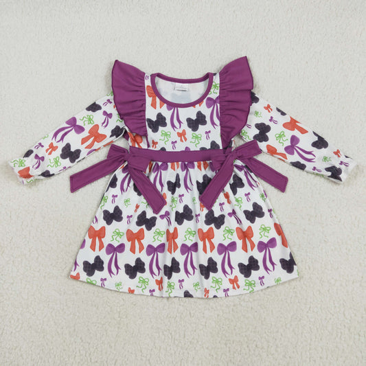 GLD1113  Orange Purple Bows Print Girls Halloween Knee Length Dress