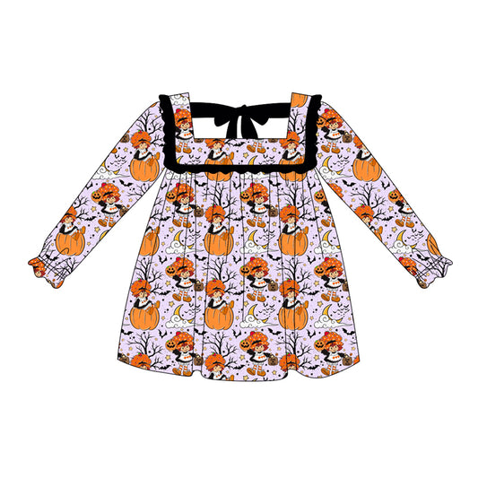 (Pre-order)GLD1116  Pumpkin Girl Bat Print Girls Halloween Knee Length Dress