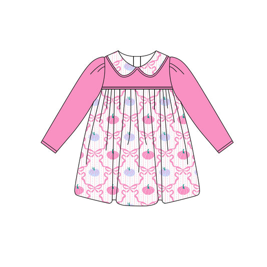 (Pre-order)GLD1118  Pumpkin Bows Print Pink Girls Fall Knee Length Dress