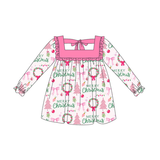 (Pre-order)GLD1119  Merry Christmas Holly Bows Print Girls Christmas Knee Length Dress