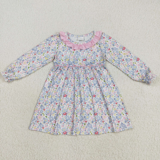GLD1120 Colorful Small Flowers Print Girls Long Sleeve Knee Length Dress