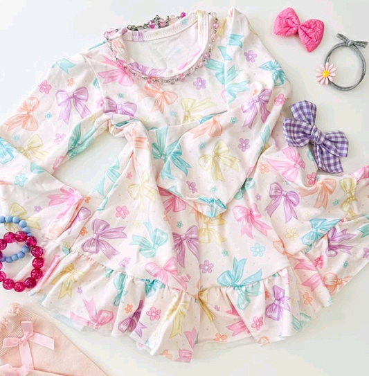 (Pre-order)GLD1121  Colorful Bows Flowers Print Girls Long Sleeve Knee Length Dress