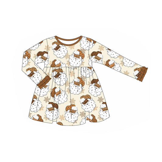 (Pre-order)GLD1122 Santa Brown Print Girls Christmas Knee Length Dress