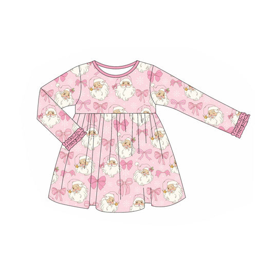(Pre-order)GLD1123 Santa Bows Pink Print Girls Christmas Knee Length Dress