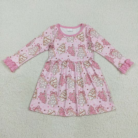 GLD1124 Debbie Cake Bows Pink Print Girls Christmas Knee Length Dress