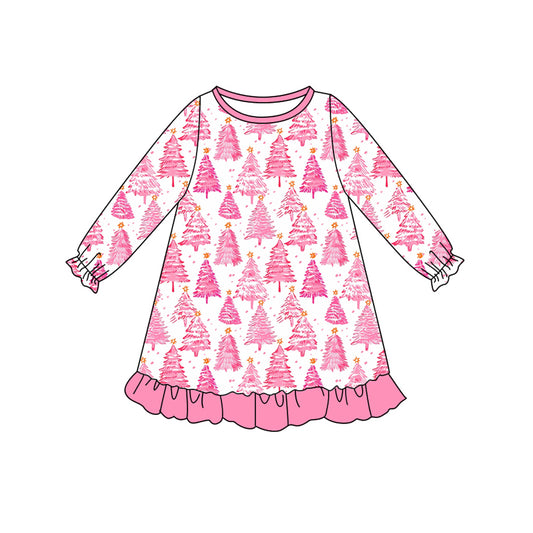 (Pre-order)GLD1126 Tree Pink Print Girls Christmas Knee Length Dress