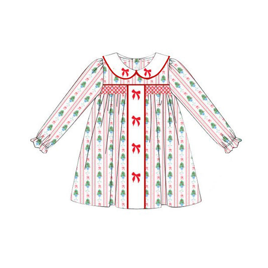 (Pre-order)GLD1127 Candy Cane Holly Bows Print Girls Christmas Knee Length Dress