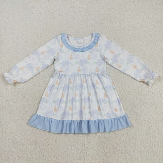 GLD1129 Pumpkin Blue Bows Print Girls Fall Knee Length Dress