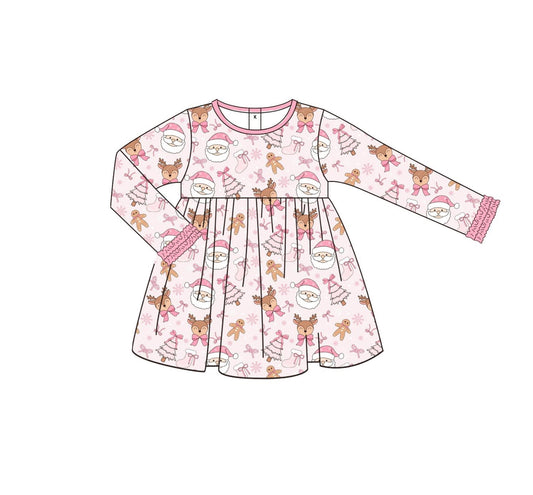 (Pre-order)GLD1131 Santa Gingerbread Pink Bows Print Girls Christmas Knee Length Dress