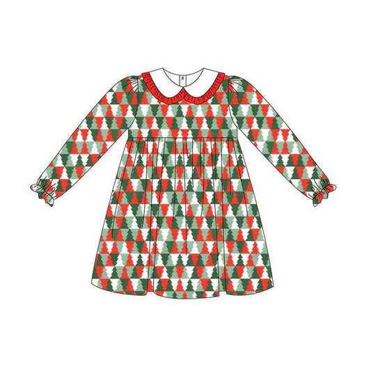 (Pre-order)GLD1132 Red Green Tree Print Girls Christmas Knee Length Dress