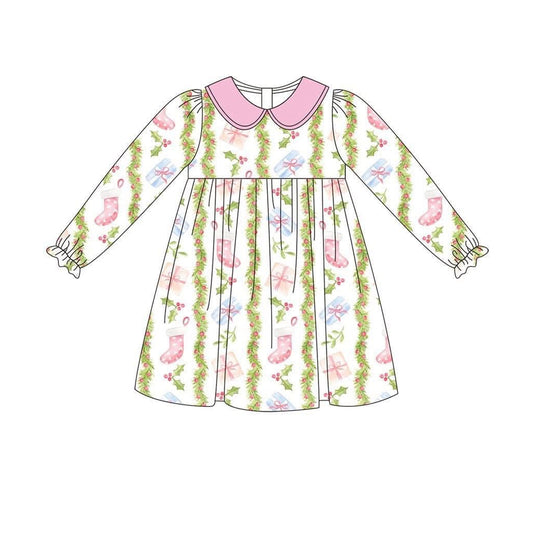 (Pre-order)GLD1133 Holly Bows Print Girls Christmas Knee Length Dress
