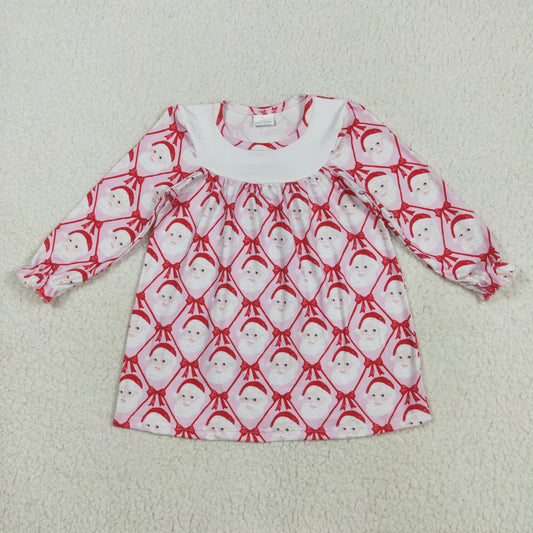 GLD1136 Santa Bows Print Girls Christmas Knee Length Dress