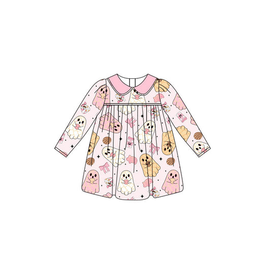 (Pre-order)GLD1138 Ghost Candy Bows Print Girls Halloween Knee Length Dress