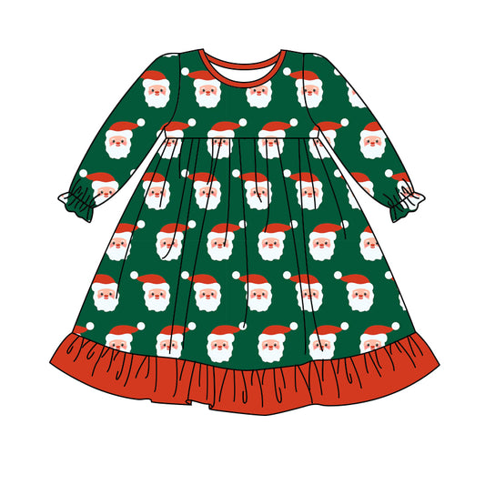 (Pre-order)GLD1140 Santa Green Print Girls Christmas Knee Length Dress