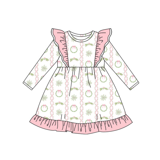 (Pre-order)GLD1141 Holly Print Girls Christmas Knee Length Dress