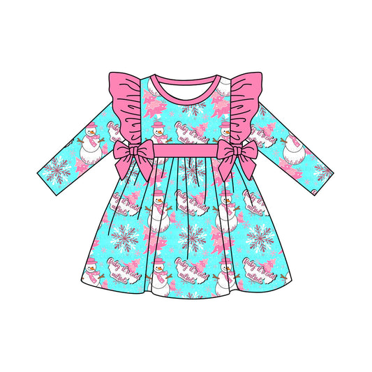 (Pre-order)GLD1142 Snowman Print Girls Winter Knee Length Dress