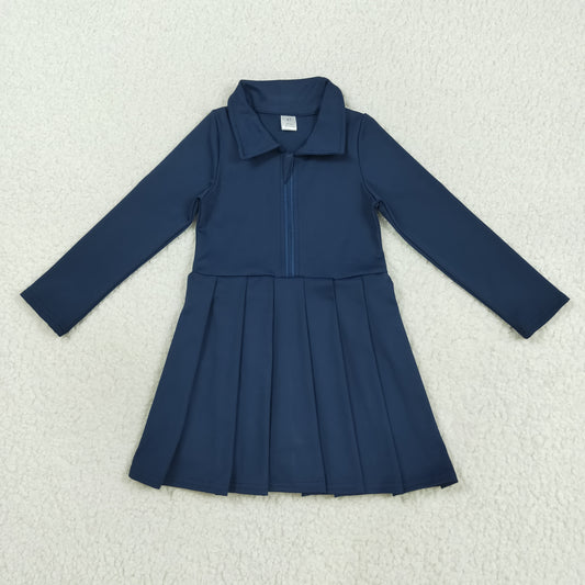 GLD1151 Navy Color Girls Long Sleeve Zipper Knee Length Yoga Dress