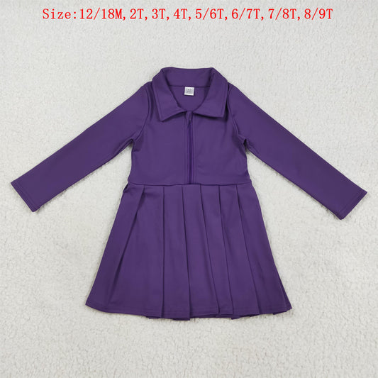 GLD1152 Purple Color Girls Long Sleeve Zipper Knee Length Yoga Dress