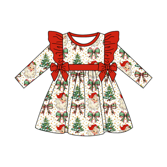 (Pre-order)GLD1154 Santa Bows Print Girls Christmas Knee Length Dress