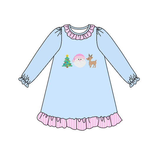 (Pre-order)GLD1156 Santa Print Girls Christmas Knee Length Dress