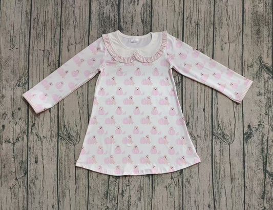 (Pre-order)GLD1157 Pumpkin Dog Pink Print Girls Fall Knee Length Dress