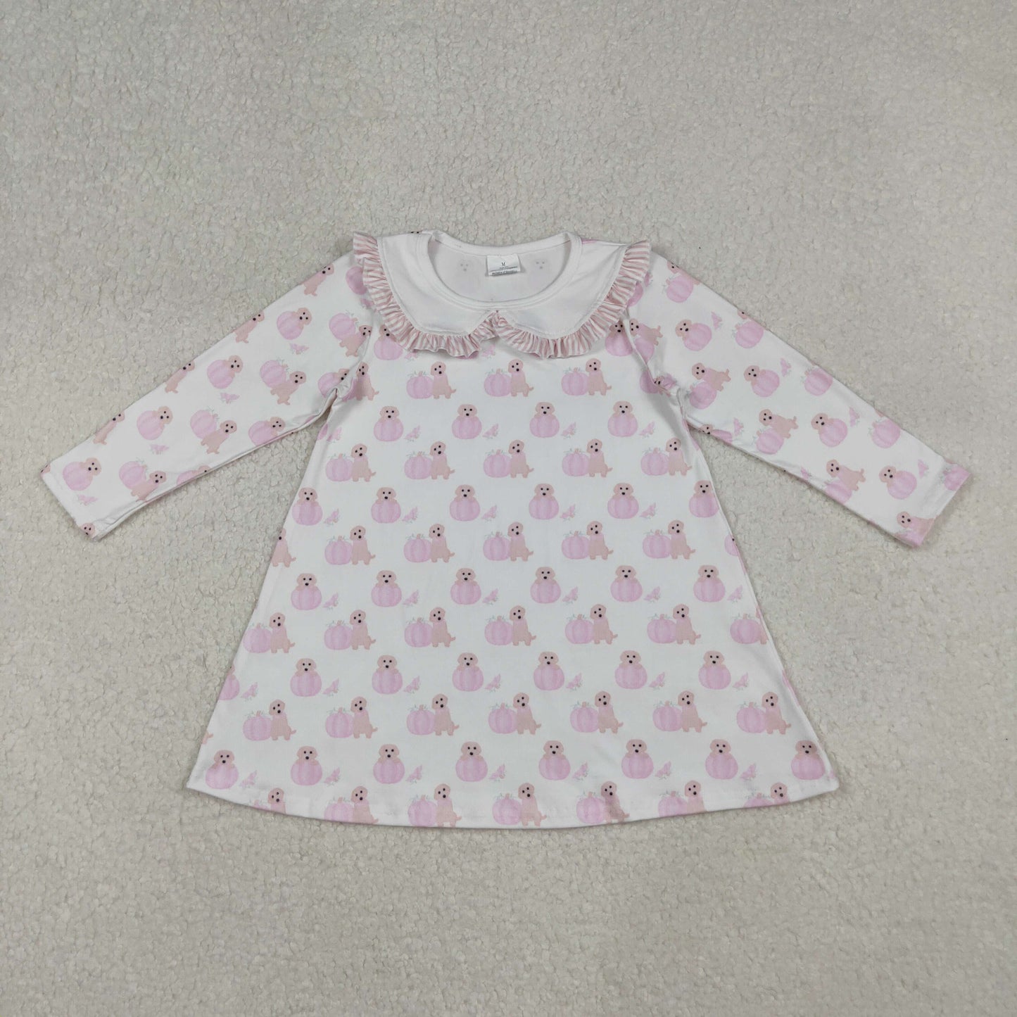 GLD1157 Pumpkin Dog Pink Print Girls Fall Knee Length Dress