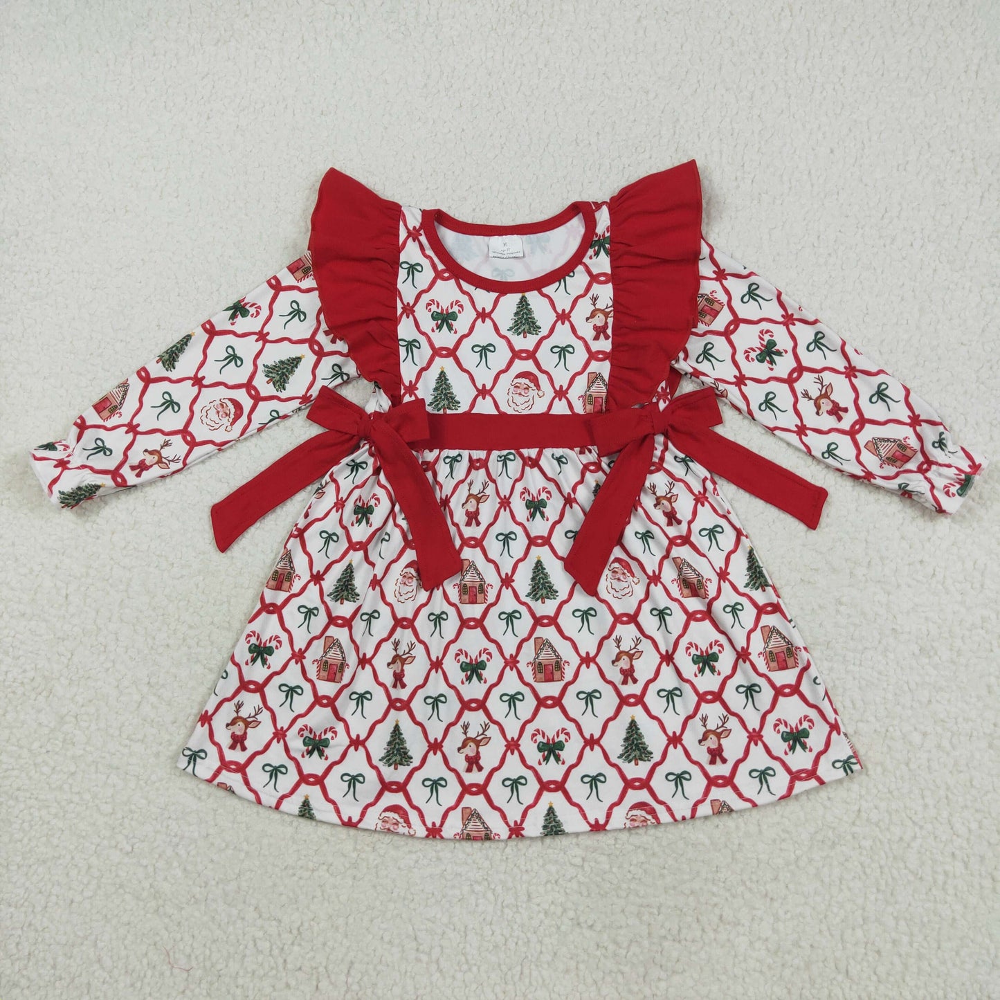 Santa Candy Cane Bows Print Girls Christmas Clothes Sisters Matching Wear