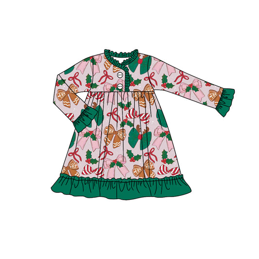 (Pre-order)GLD1159 Red Green Bows Holly Print Girls Christmas Knee Length Pajamas Gown Dress