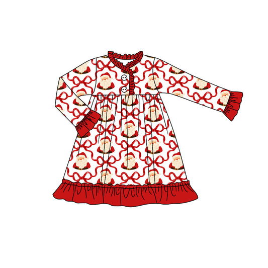 (Pre-order)GLD1160 Santa Bows Print Girls Christmas Knee Length Pajamas Gown Dress