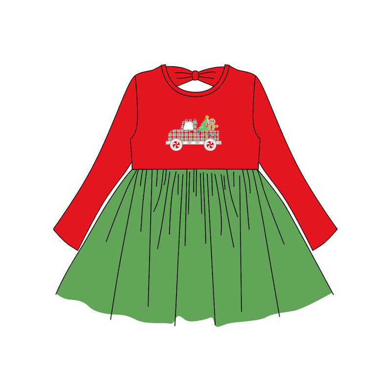 (Pre-order)GLD1162 Truck Red Green Print Girls Christmas Knee Length Dress