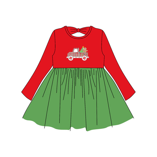 (Pre-order)GLD1162 Truck Red Green Print Girls Christmas Knee Length Dress
