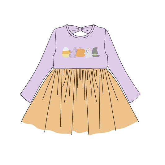 (Pre-order)GLD1164 Candy Ghost Pumpkin Purple Print Girls Halloween Knee Length Dress