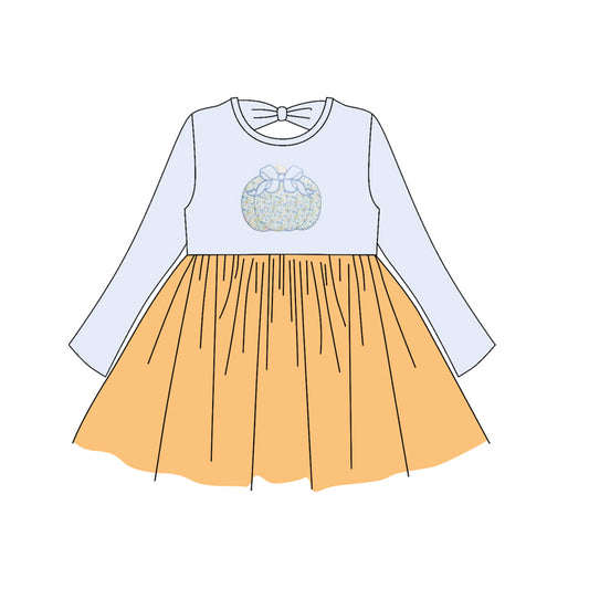 (Pre-order)GLD1165 Pumpkin Print Girls Fall Knee Length Dress