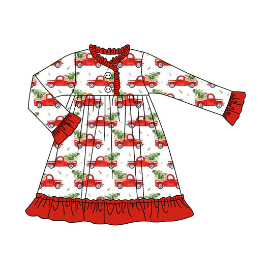 (Pre-order)GLD1166 Trucks Tree Print Girls Christmas Knee Length Pajamas Gown Dress