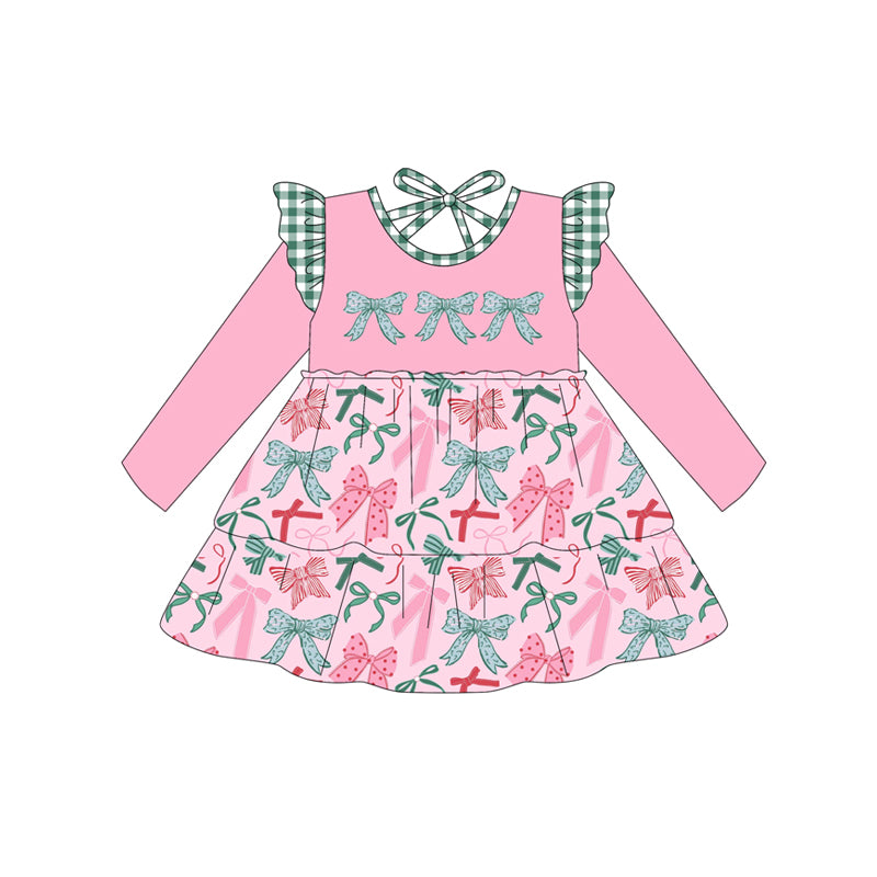 (Pre-order)GLD1168 Red Green Pink Bows Print Girls Christmas Knee Length Dress