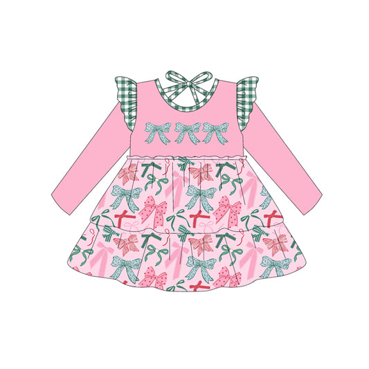 (Pre-order)GLD1168 Red Green Pink Bows Print Girls Christmas Knee Length Dress