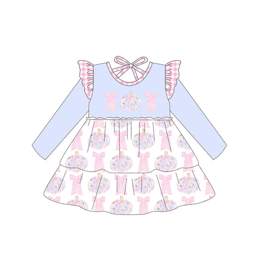 (Pre-order)GLD1169 Flowers Pumpkin Bows Print Girls Fall Knee Length Dress
