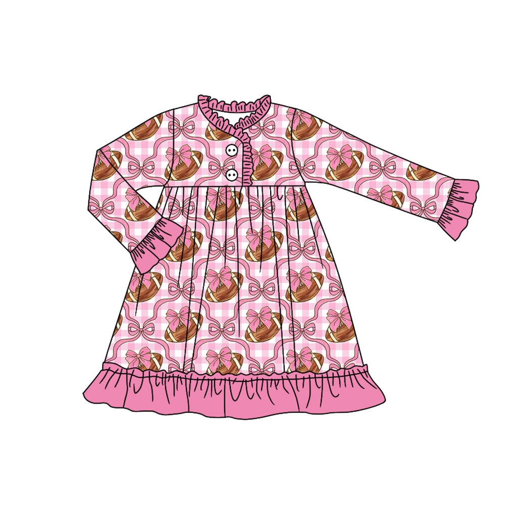 (Pre-order)GLD1170 Football Bows Print Girls Fall Knee Length Pajamas Gown Dress