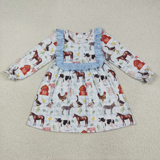 GLD1171 Farm Animals Print Girls Fall Knee Length Dress