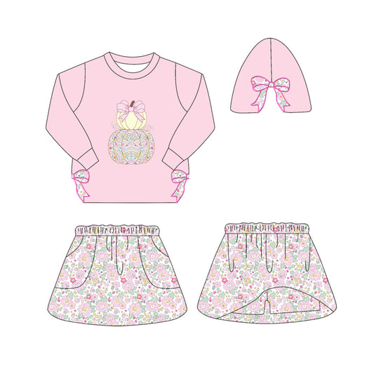 (Pre-order)GLD1173 Pumpkin Bows Pink Top Flowers Skirts Shorts Girls Fall Clothes Set
