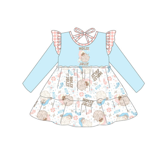 (Pre-order)GLD1177 HOLLY JOLLY Santa Print Girls Christmas Knee Length Dress