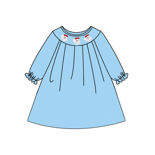 (Pre-order)GLD1178 Santa Blue Print Girls Christmas Smocked Knee Length Dress