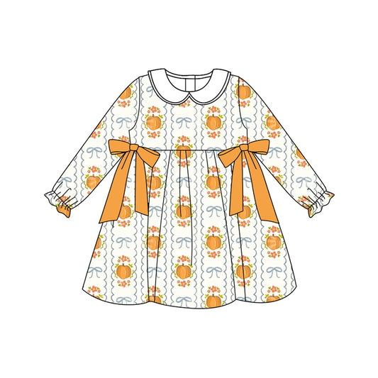 (Pre-order)GLD1180 Pumpkin Flowers Bows Print Girls Fall Knee Length Dress