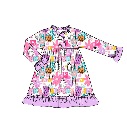 (Pre-order)GLD1181 Flowers Ghost POOKY Print Girls Halloween Knee Length Dress