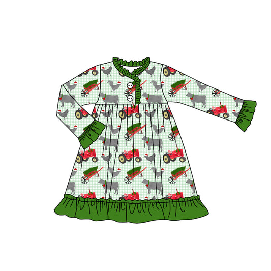 (Pre-order)GLD1182 Tractors Animals Print Girls Christmas Knee Length Pajamas Gown Dress