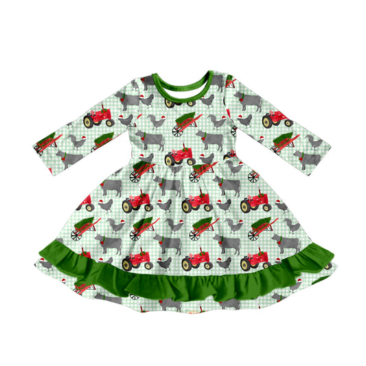 (Pre-order)GLD1183 Tractors Animals Print Girls Christmas Knee Length Dress