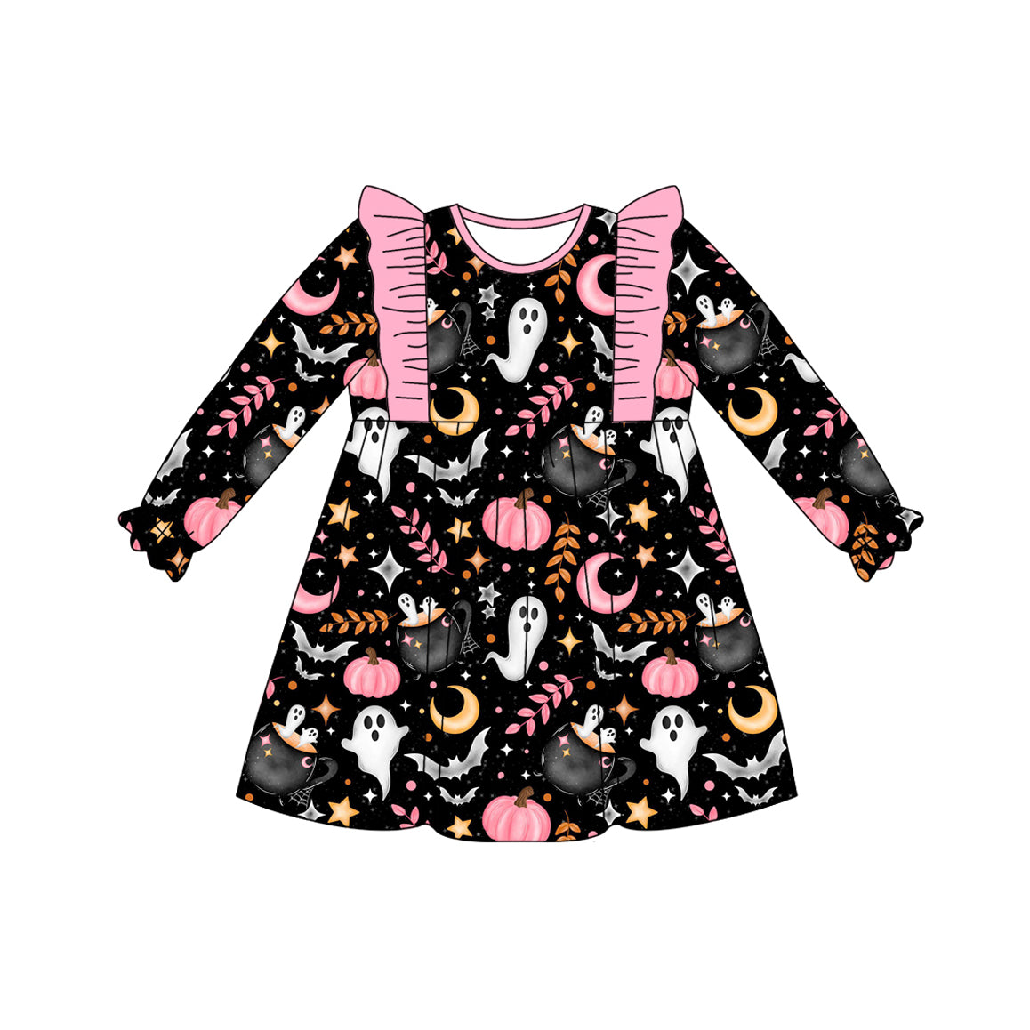 (Pre-order)GLD1186 Ghost Pumpkin Print Girls Halloween Knee Length Dress