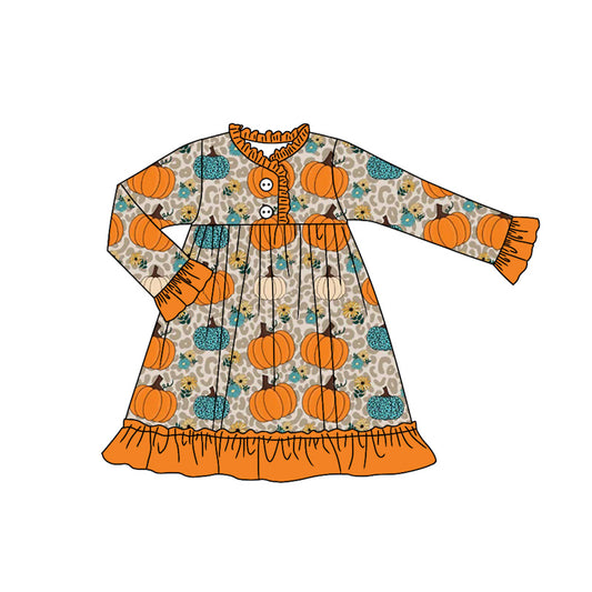 (Pre-order)GLD1189 Pumpkin Flowers Print Girls Fall Knee Length Gown Dress