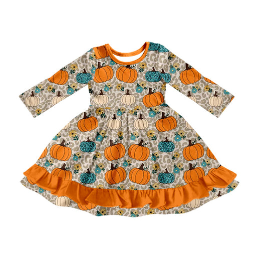 (Pre-order)GLD1190 Pumpkin Flowers Print Girls Fall Knee Length Dress